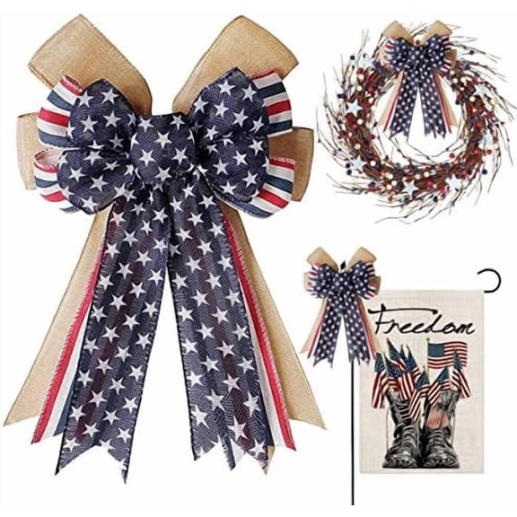 Patriotic Decor Bows for Wreaths,Burlap Red White Blue Stripe Stars Tree Topper Bow for 4th of July,Independence Day,Memorial Day,Veteran's Day,Front Door Indoor Outdoor Decorations