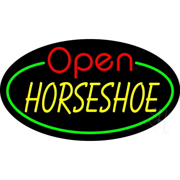 Horseshoe Open With Green Border LED Neon Sign 13 x 24 - inches, Black Square Cut Acrylic Backing, with Dimmer - Bright and Premium built indoor LED Neon Sign for store interior Décor, Storefront.