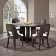 Benjara Zoko 5pc Round Dining Table Set- White Polyester Chairs- Ash Gray Wood