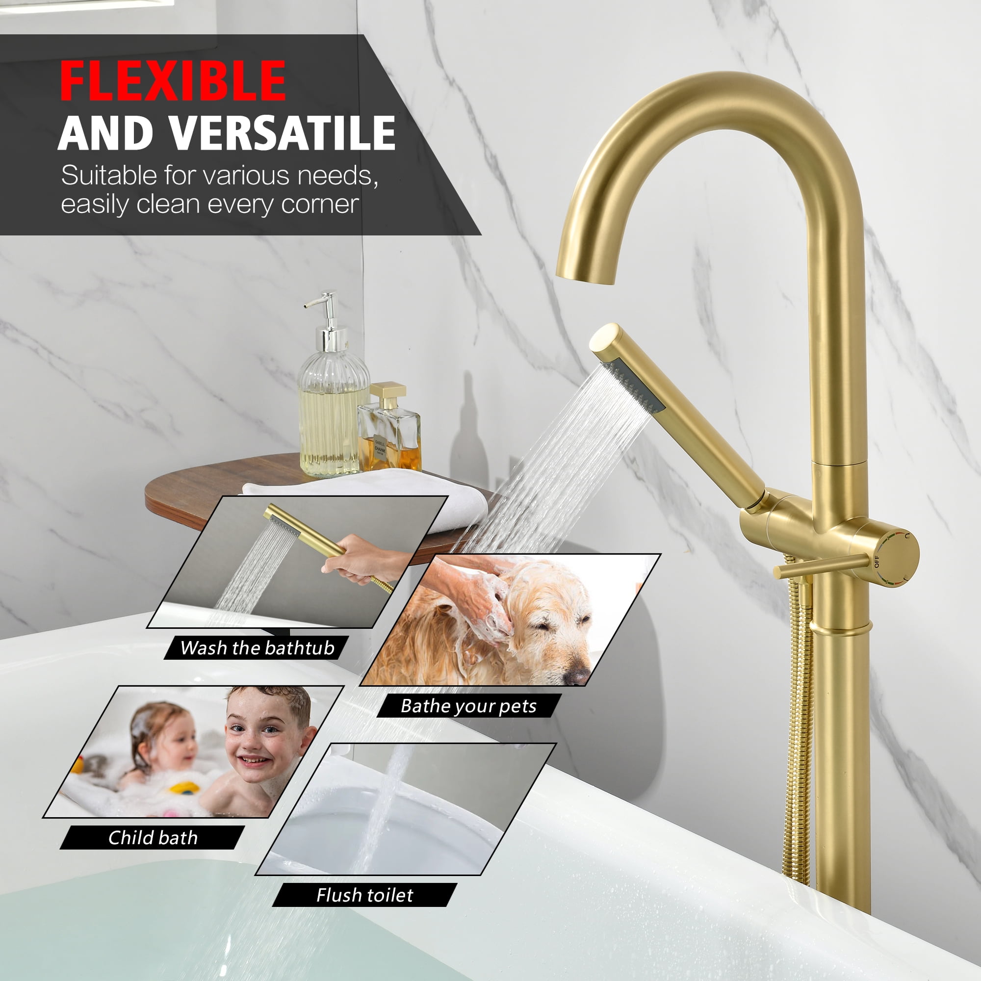 sumerain Freestanding Tub Faucet Brushed Gold, Brass Floor Mount Bathtub Filler Faucet with Handheld Sprayer for Bathroom, High Flow