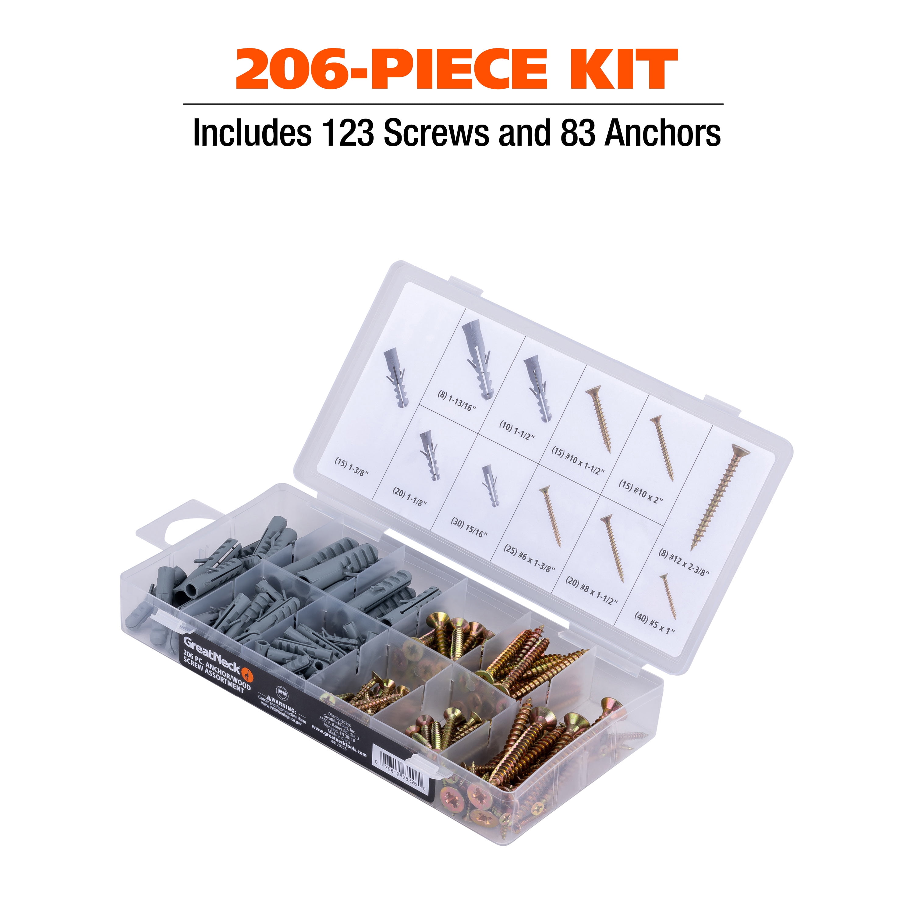 Great Neck Tools Anchor & Wood Screw Assortment, 206 Piece Set