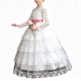 thumbnail image 2 of Girls Maxi Gown Lace Long Sleeve Cinched Bow Belted A-Line Dress Tween Elegant Fluffy Mesh Tiered Layered Evening Dresses White 7-8 Years, 2 of 7