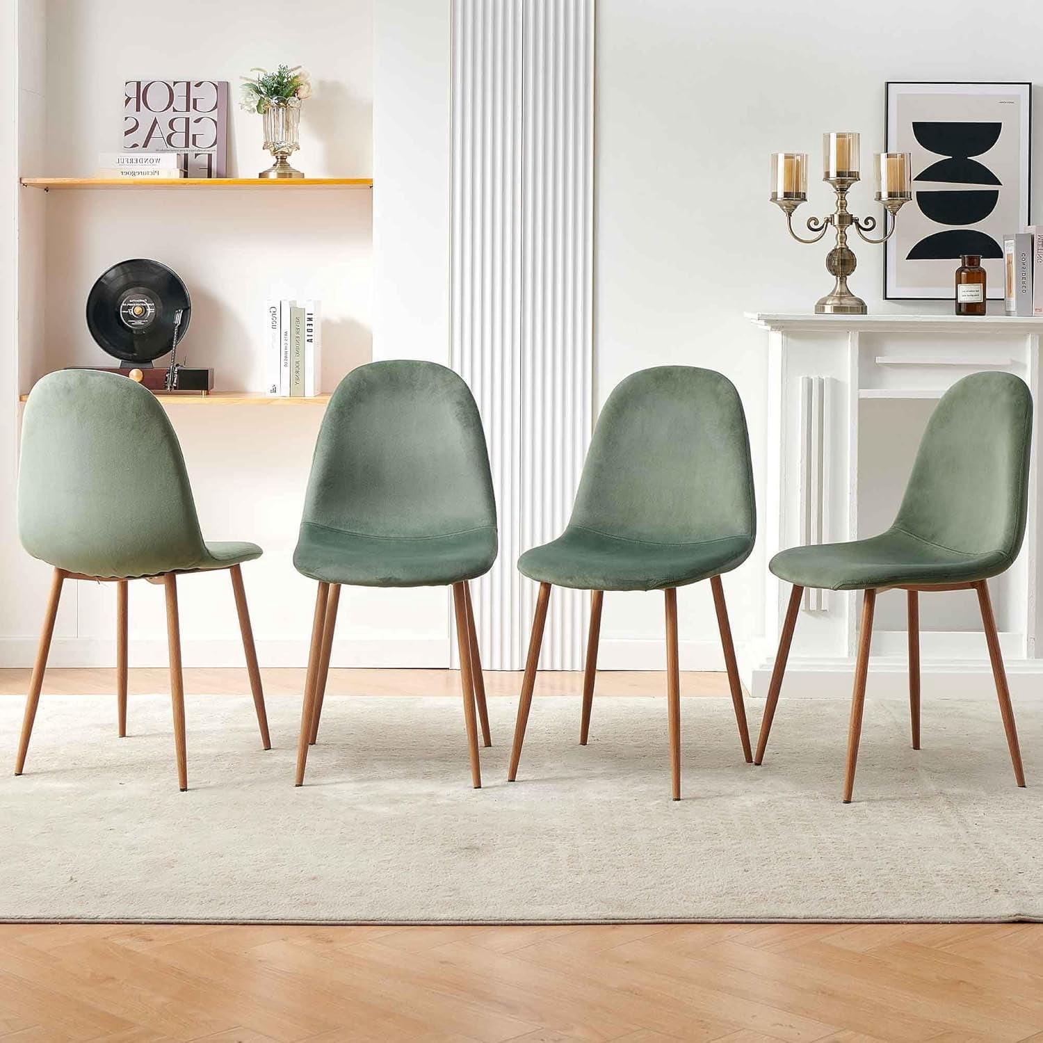 NORDICANA Modern Dining Chairs Set of 4, Green Velvet Kitchen Chairs, Upholstered Side Chairs with Faux Wood-Grain Metal Legs