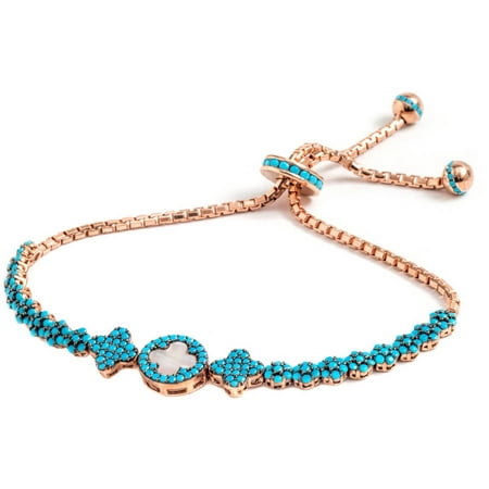Pori Jewelers Blue CZ 18kt Rose Gold-Plated Sterling Silver Clover Friendship Bolo Adjustable Bracelet
