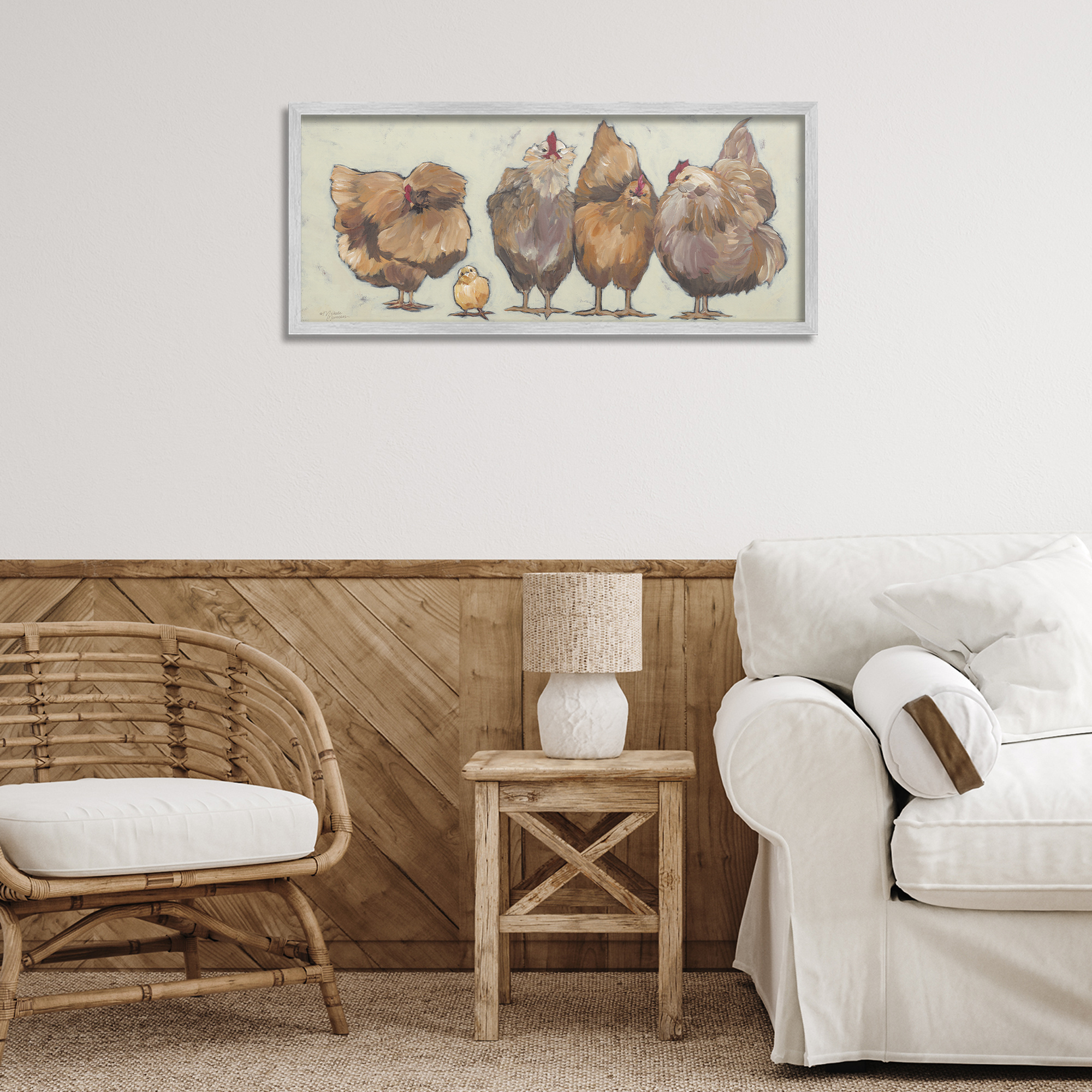 Stupell Industries Brown Hens and Chick Animals & Insects Painting Gray Framed Art Print Wall Art, 30 x 13