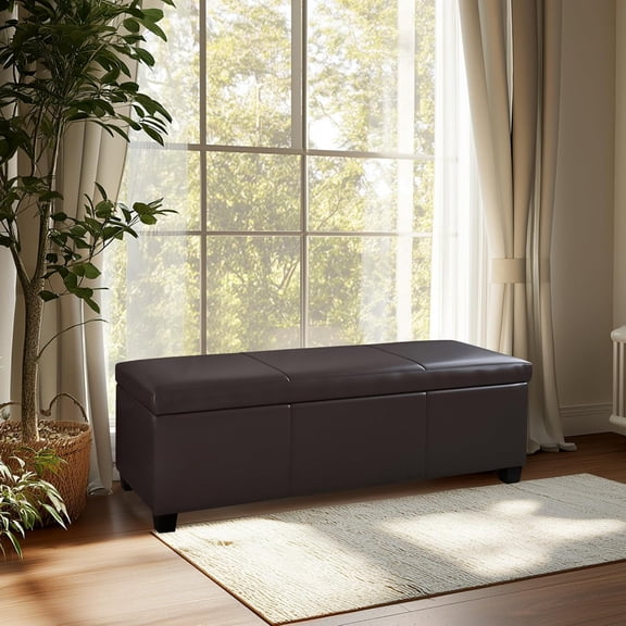 Faux Leather Storage Ottoman Bench, 47-Inch Long with Safety Hinge, 300lbs Capacity, Foot Rest for Living Room, Entryway, Hallway, Bedroom - Brown