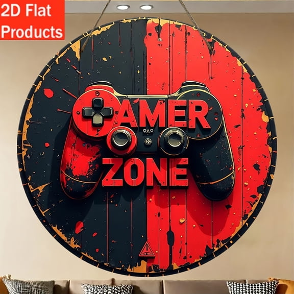 HELLOYOUNG 8 Inch Wall Sign, Game Controller Decor with Splatter Design for Home Bar Cafe, Rustic Black and Red Metal Tin Sign for Room Decor