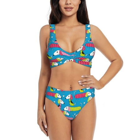 Zeuib Color Dachshund Dog High Waisted Tummy Control Bikini Set - Knot Front Push Up Top & Cheeky Thong Bottom  Two-Piece Swimsuit for Women-XX-Large