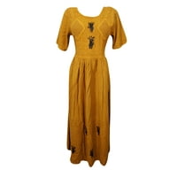 Mogul Women Maxi Dress Mustard Yellow Embroidered Rayon Stone Wash Dresses S