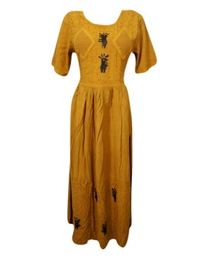 Mogul Women Maxi Dress Mustard Yellow Embroidered Rayon Stone Wash Dresses S