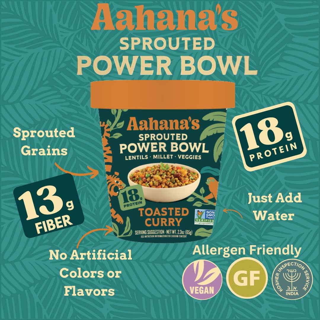 Aahana’s Toasted Curry Sprouted Power Bowl - Gluten-Free, Plant-Based Instant Meal with Sprouted Lentils - 18g Protein, 12g Fiber, Vegan, Non-GMO, Kosher - Just Add Hot Water (6 Pack)