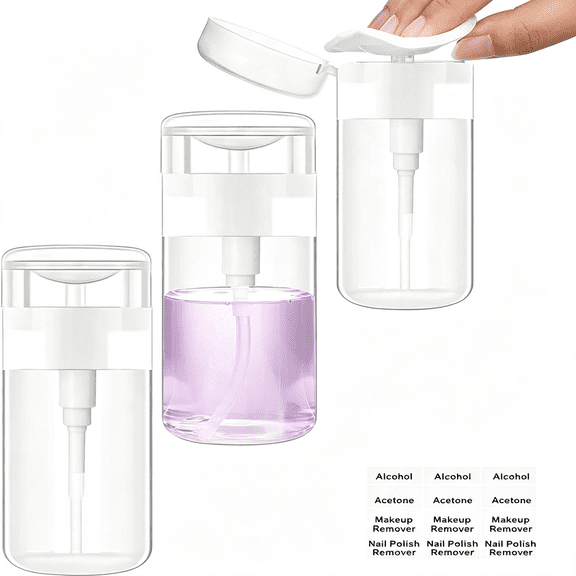 ACDANC 3Pack Acetone Dispenser,Push Down Pump Dispenser Nail Polish Remover Alcohol Bottle with Labels Empty Travel Container with Label for Makeup Liquid Jar 5.1Oz/150Ml