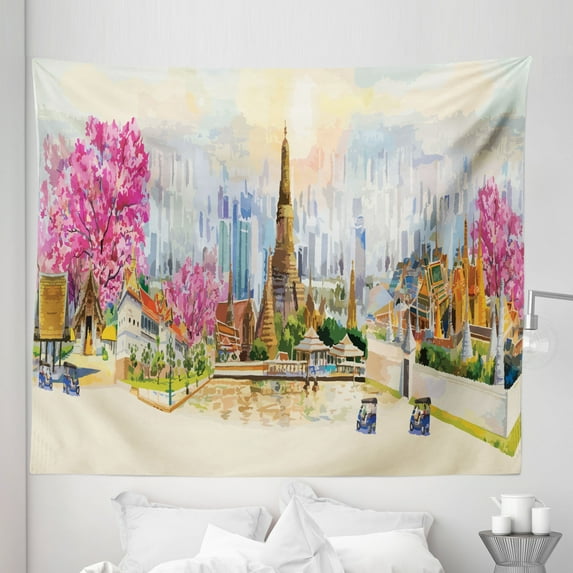 Watercolor Tapestry, Bangkok Landmarks Scenery Cityscape Blossoming Trees Thailand, Fabric Wall Hanging Decor for Bedroom Living Room Dorm, 5 Sizes, Caramel Pink and Pale Teal, by Ambesonne