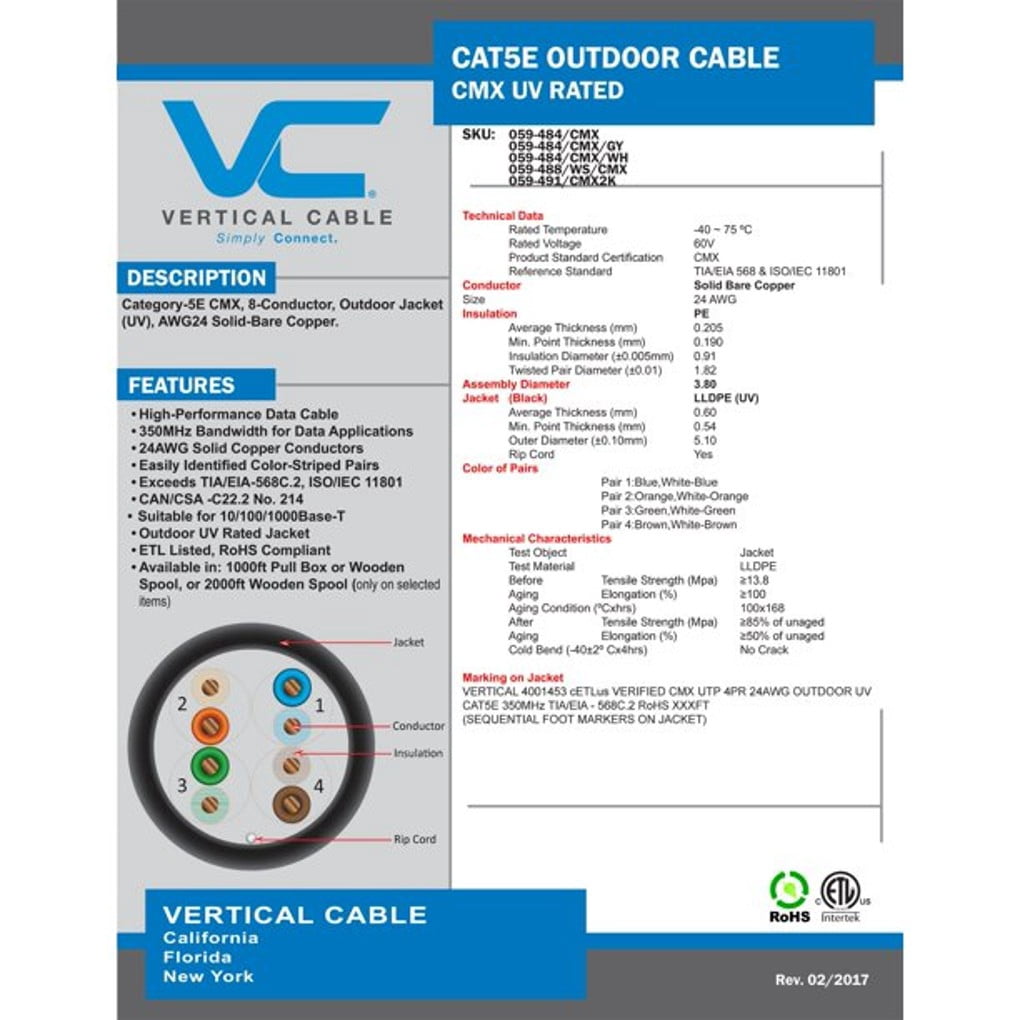 Vertical Cable Cat5e, 350 Mhz, UTP, UV Jacket, Outdoor, CMX, 1000ft, Bulk Ethernet Cable, White