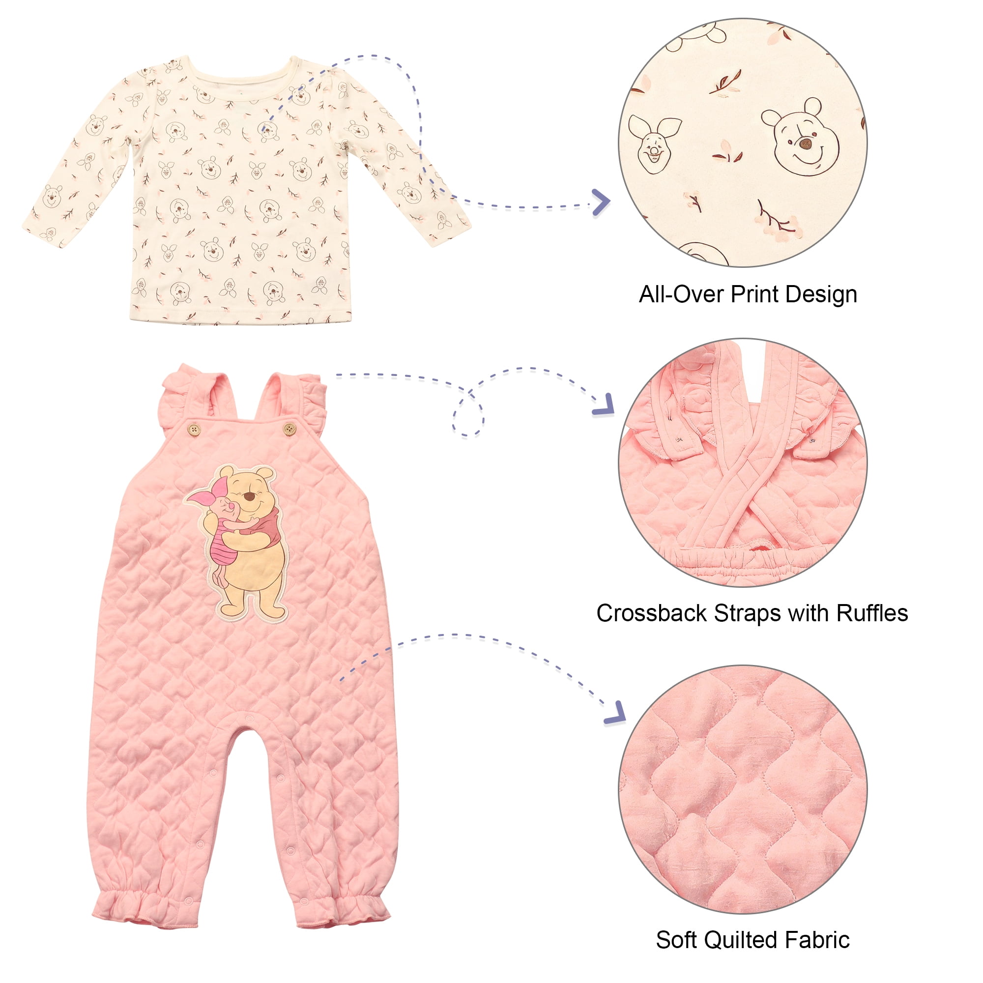 Disney Clothes Baby Girls 2-Piece Overall Set – Long Sleeve Top with Suspender Romper Minnie, Pooh, Bambi & Marie (Newborn–Infant)