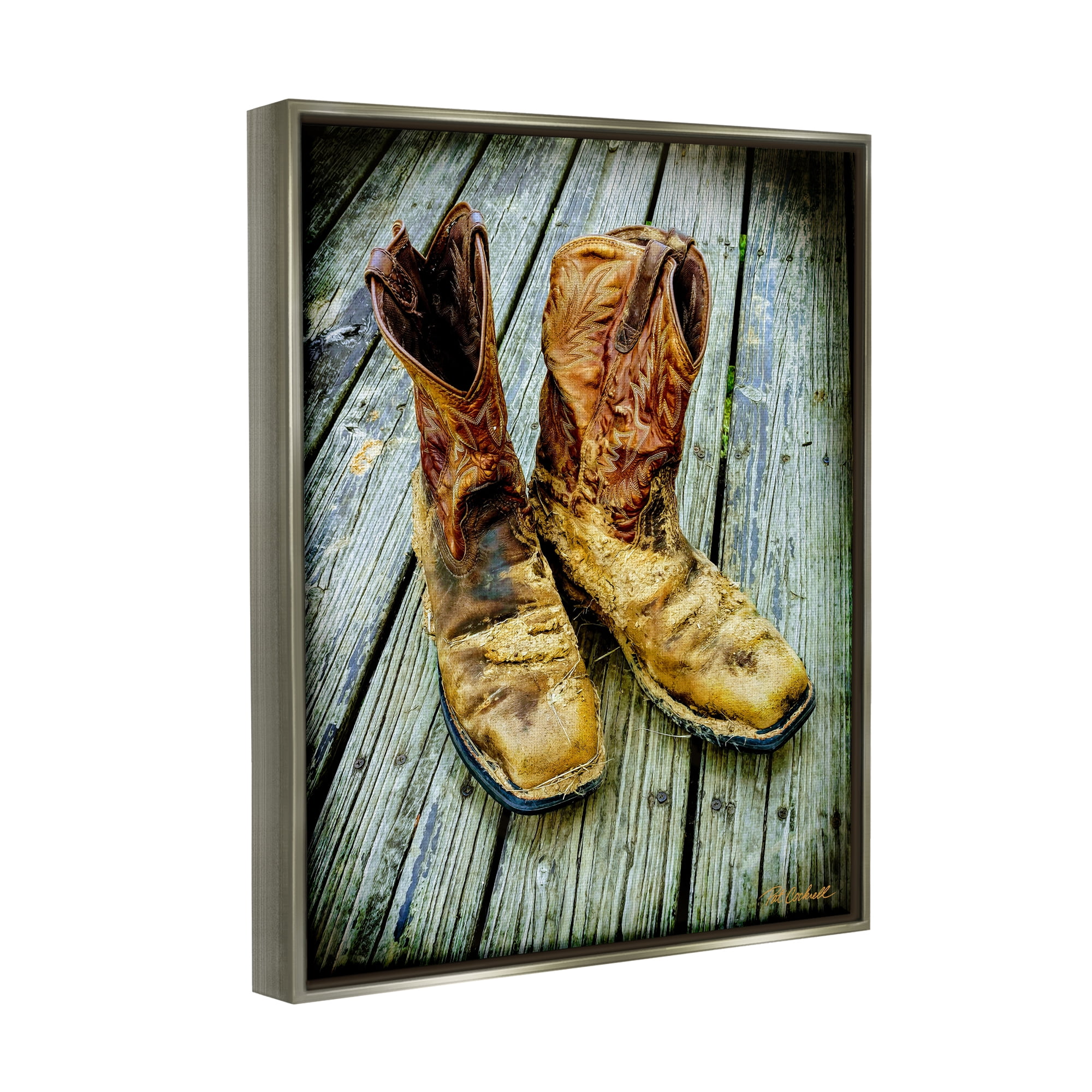Stupell Industries Old Work Boots Photography Beauty & Fashion Photography Gray Floater Framed Art Print Wall Art, 17 x 21