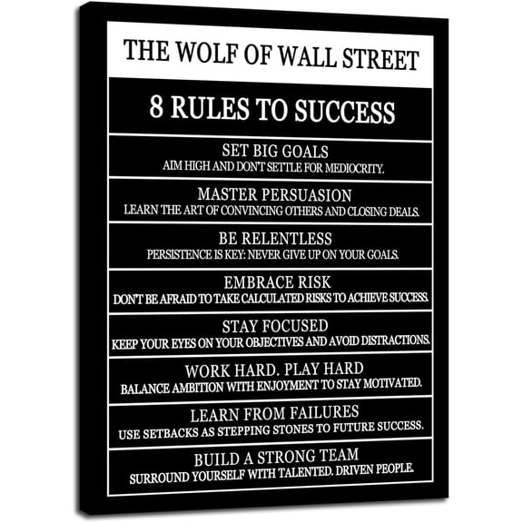 WFSposter-Motivational Wall Art The Wolf Of Wall Street 8 Rules To Success Printed Canvas Poster Inspirational Wall Decor for Office Hallway Gym Bedroom Living Room