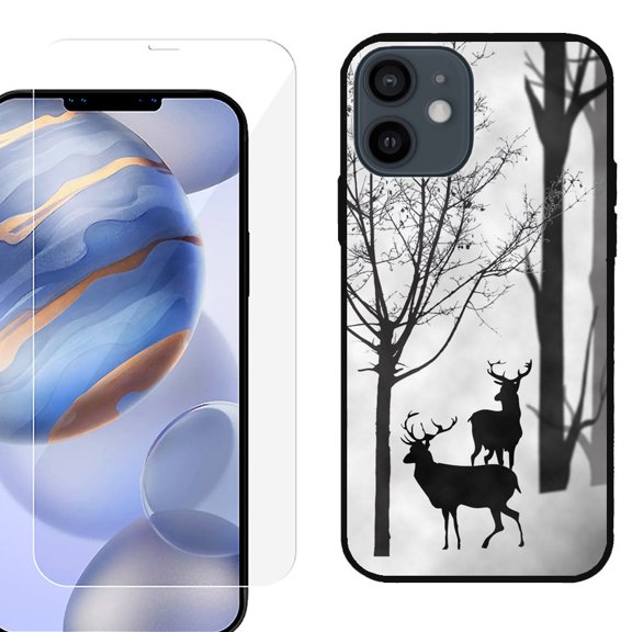 Slim-Fit Protective Phone Case (Black) compatible with iPhone 12 / iPhone 12 Pro, with Tempered Glass Screen Protector, by OneToughShield ® - Forest Deer