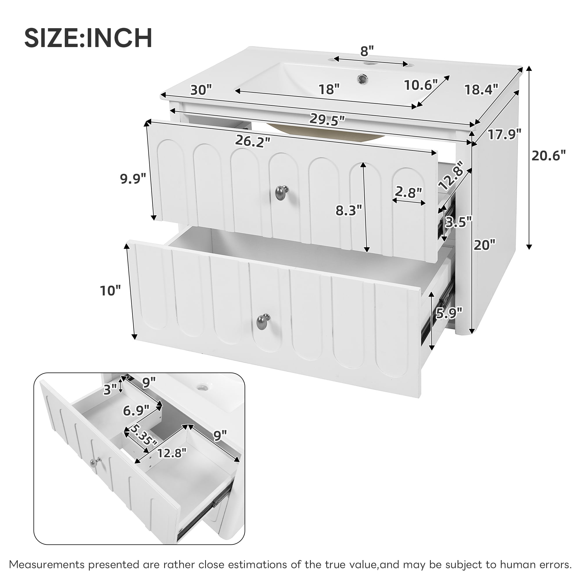 30" Modern Floating Bathroom Vanity with Oval Knobs & Round Edge, Soft-Close Drawer Slides, Bathroom Cabinet with Ceramic Sink