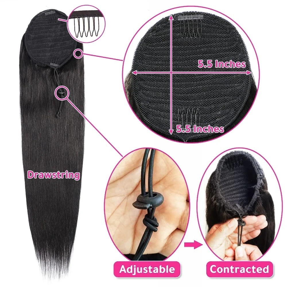 10-26 Inch Long Drawstring Ponytail Extension Natural Color Straight Pony Tail Clip in Remy Hair Piece for Black Women