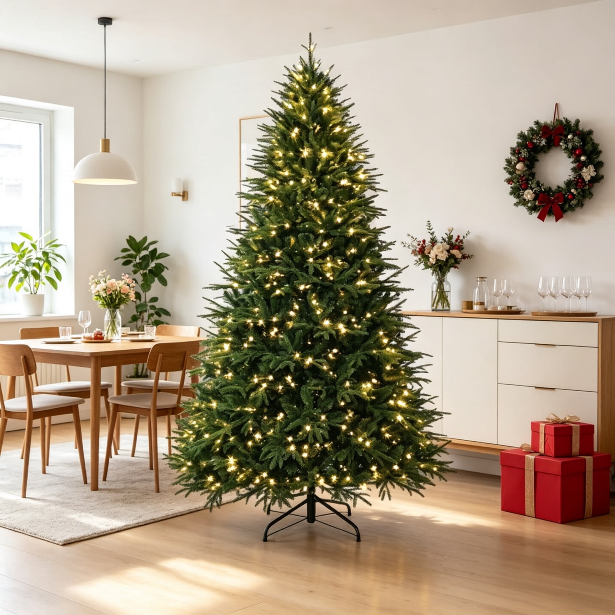 Pre-Lit Artificial Christmas Tree, 7.5 ft, 3719 Branch Tips, 1000 Warm White LED Lights, Hinged Sections, Metal Base