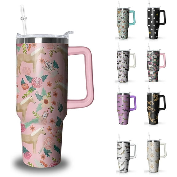 Horse Tumbler with Handle and Straw, 40 oz Stainless Steel Pink Insulated Cup with Lid and Straw,Travel Coffee Mug Water Bottle, Birthday Christmas Mothers Day Gifts for Animal Lovers Women