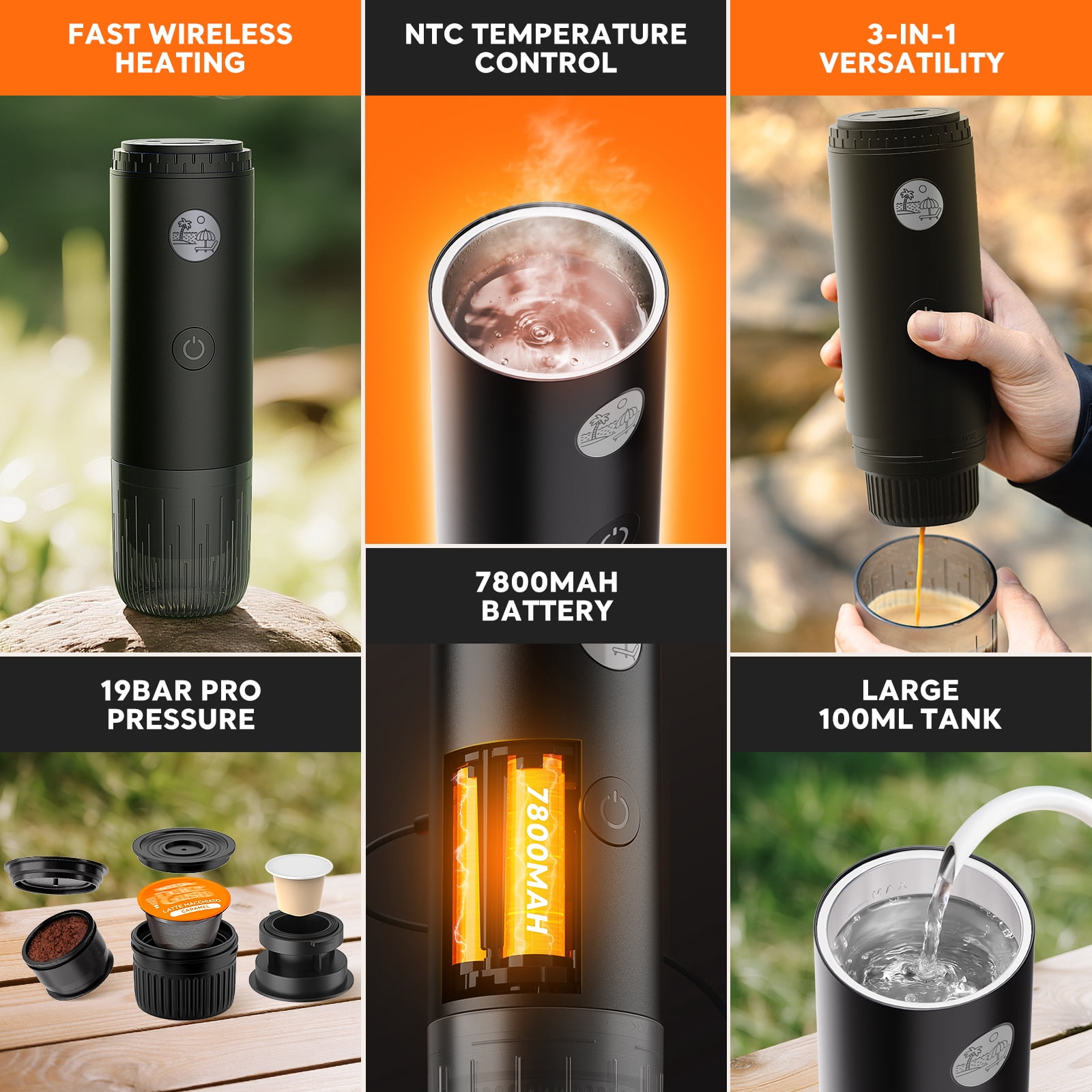 3-in-1 Portable Espresso Machine, Travel Coffee Maker with Self-Heating USB-C, 19Bar Mini Espresso for Camping Hiking Office