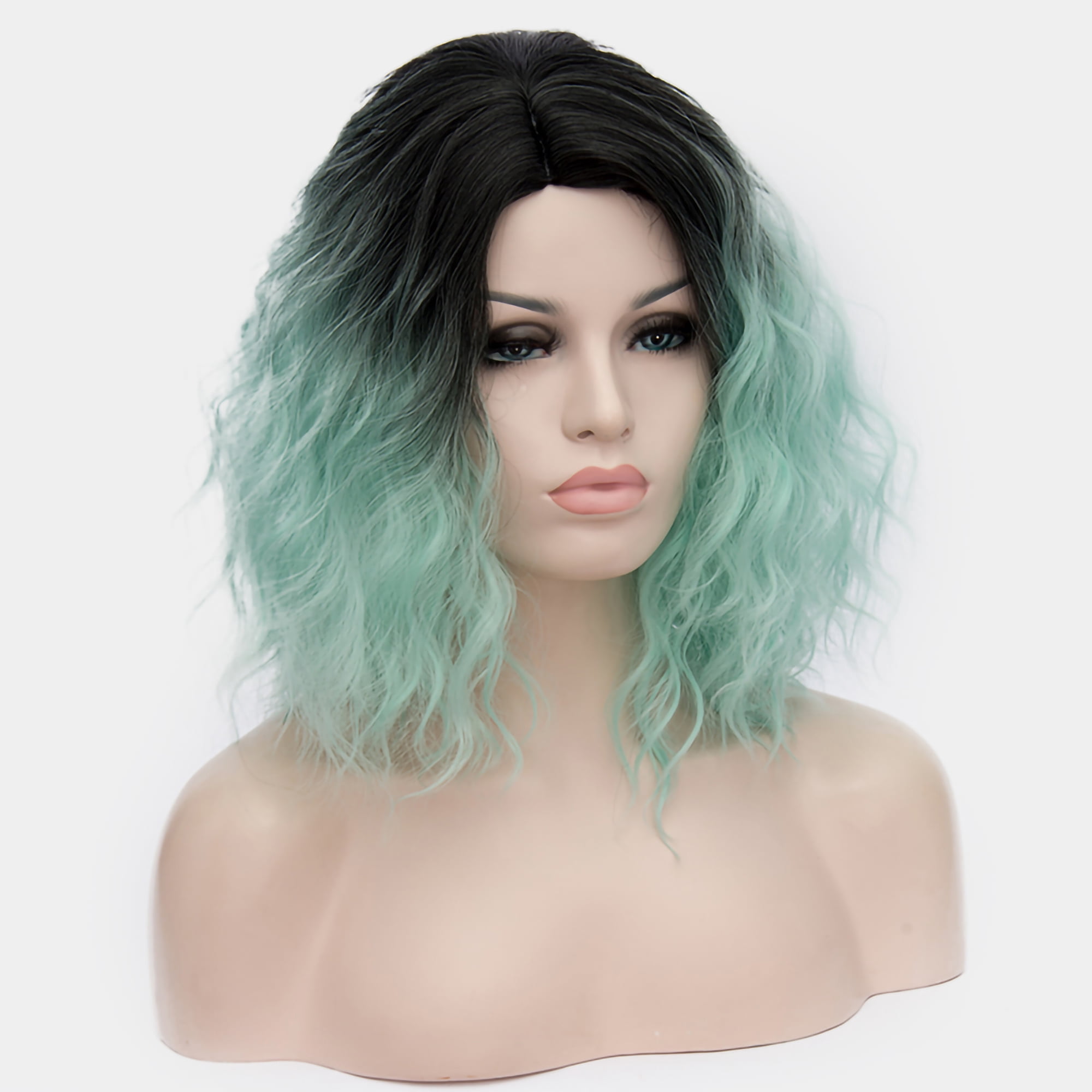 Unique Bargains Human Hair Wigs for Women Lady Curly Wig Cap Fluffy Curly Wavy Mint Green