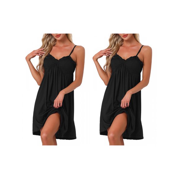 NOMADIC NOOK Women's Lingerie Ruffle Sleeveless Soft Nightgown V Neck Chemise Loungewear 2 Pack Black X-Small