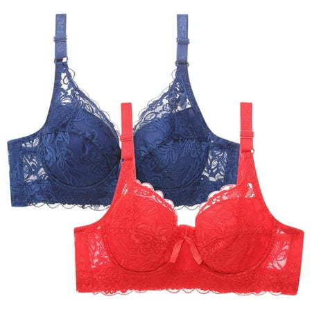 WREESH 2 Pack Lace Bralette for Women Adjustable Strap Push Up Bras Soft Padded Wireless Plunge Bra Comfortable Everyday Bra Blue