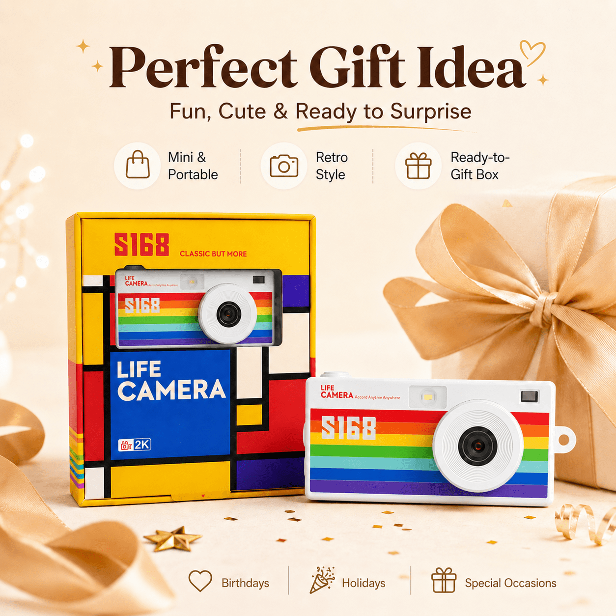 S168 Mini Digital Camera, 1440P HD Portable Keychain Design with 16GB Card, 7 Filters, Built-in Light, Usb-C Cable, White