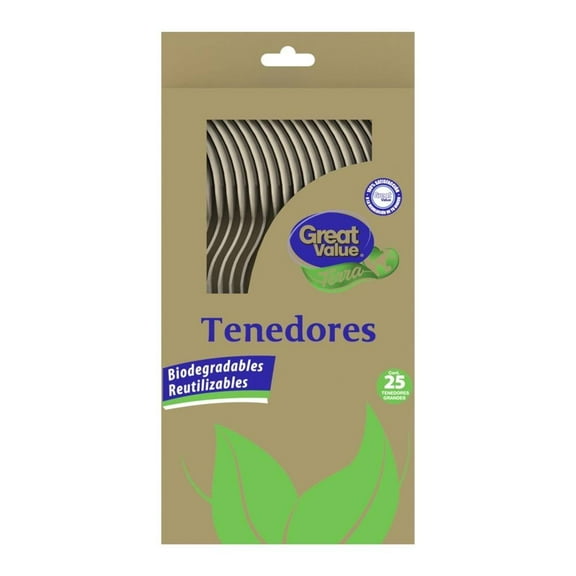 Tenedores Great Value terra biodegradables grandes color beige 25 pzas