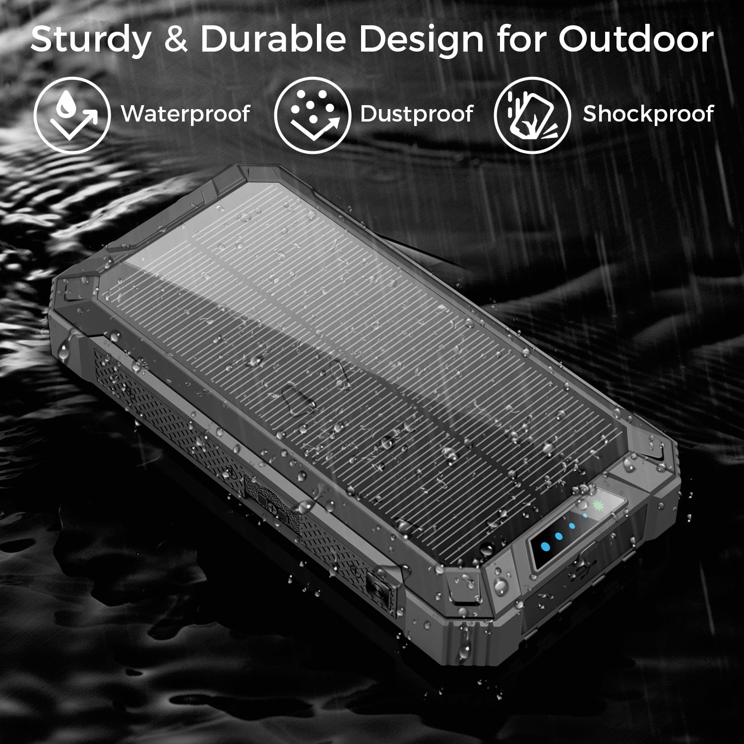 Alpha Digital Solar Power Bank, Wireless Charging, 20000mAh, Built-in Cables, IP65 Waterproof, Digital Display