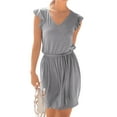 thumbnail image 1 of Femmes Ébouriffé Casquette Manches V Cou Cravate Taille Couleur Unie Mini Robe, 1 of 5