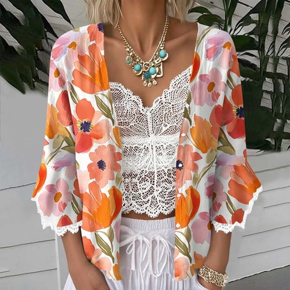 Sevevn Cardigan Sweaters for Women Women's Fashion Print 3/4 Sleeve Flared Cuffs Lace Linen Cardigan Women Beach Fashion Multicolor XXL