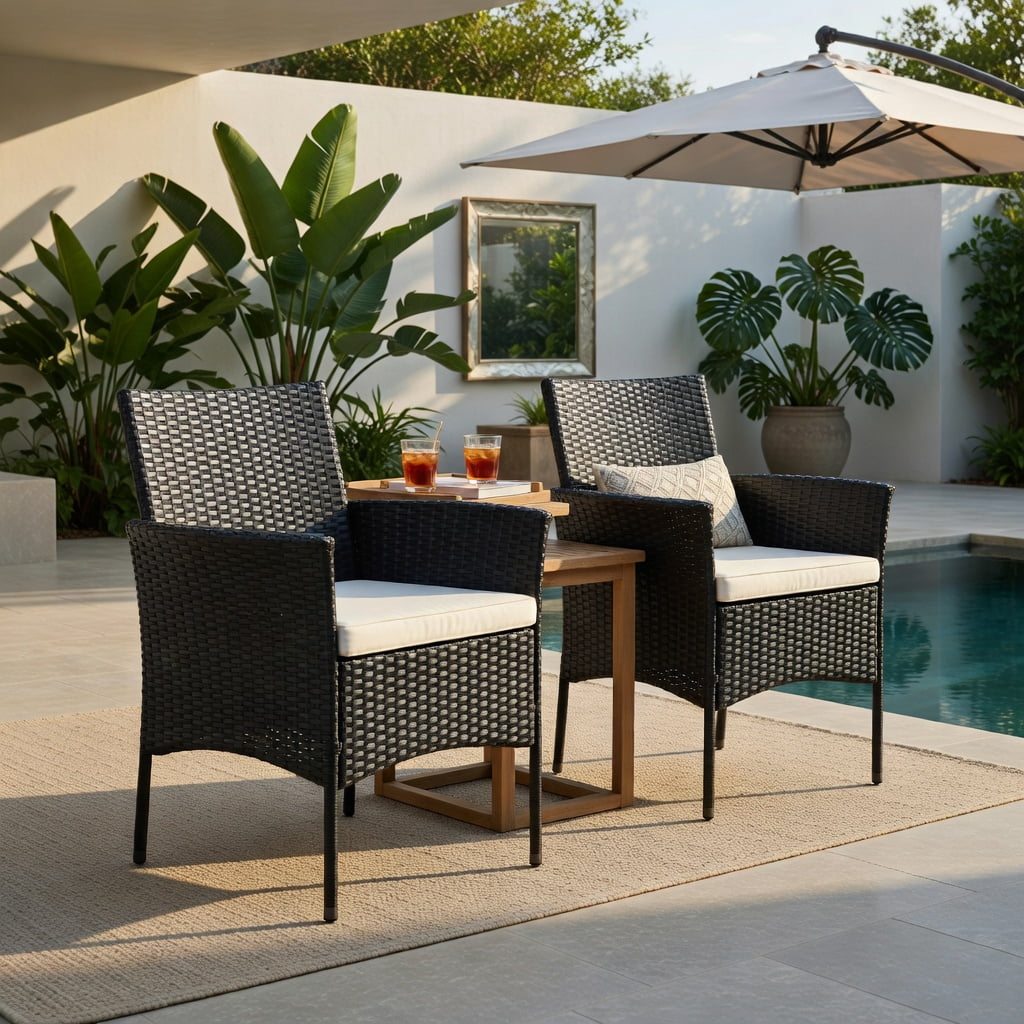 Hommoo 2-Pack Outdoor Wicker Patio Chairs with Off-White Cushions, Weatherproof PE Rattan, Steel Frame, Ideal for Backyard, Poolside & Garden, Black