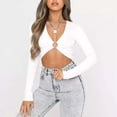 thumbnail image 4 of Top de manga larga con cuello en V y aberturas para mujer: jersey ajustado, color liso para combinar con otras prendas o para salidas elegantes, 4 of 8