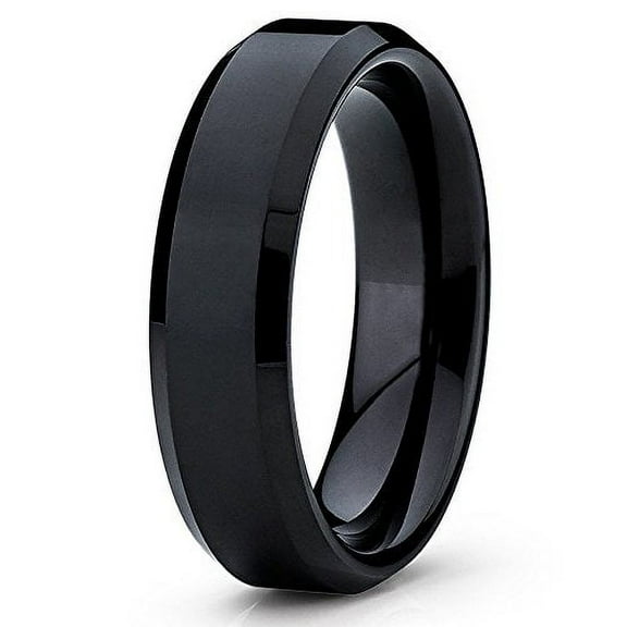 Silly Kings 6mm Black Tungsten Carbide Wedding Band Beveled Shiny Polish Ring Men & Women Comfort Fit 12