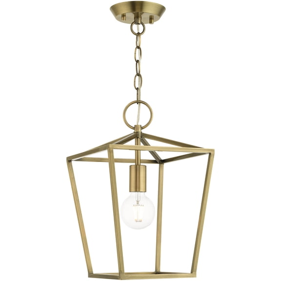 10 Sq. inch 1 Light Antique Brass Convertible Lantern Pendant Lighting Fixture with Antique Brass Metal Shade Shade backed with Steel material for patio, front porch, entryway and more