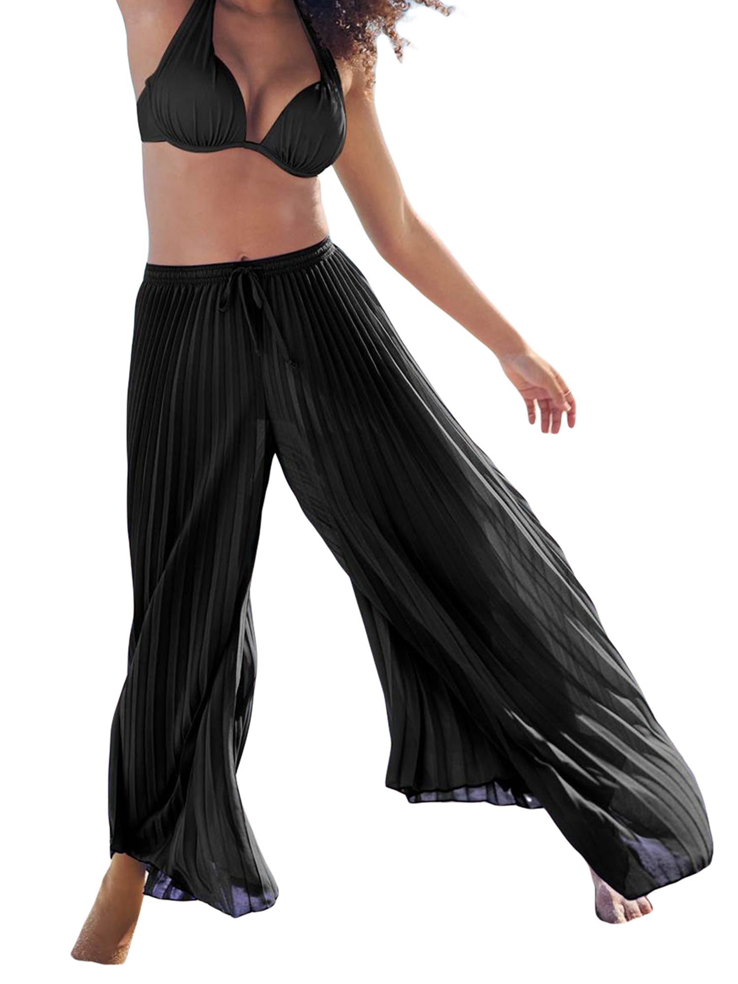 Hirigin Women Ruffle Pleated Wide Leg Beach Pants Sheer Mesh Swimwear