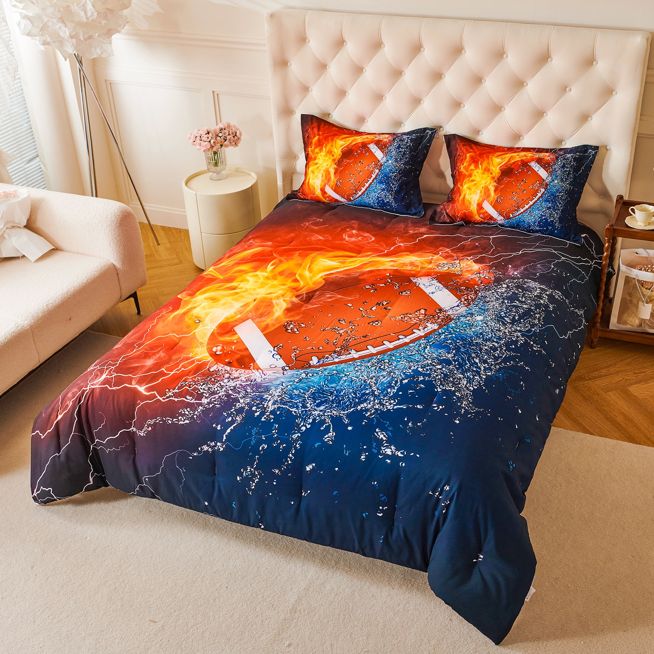 Koniroom 3-Piece Fire and Water Football Comforter Set Full Size for Boys - Bold Sports Bedroom Decor - Themed Bedding Gift Idea