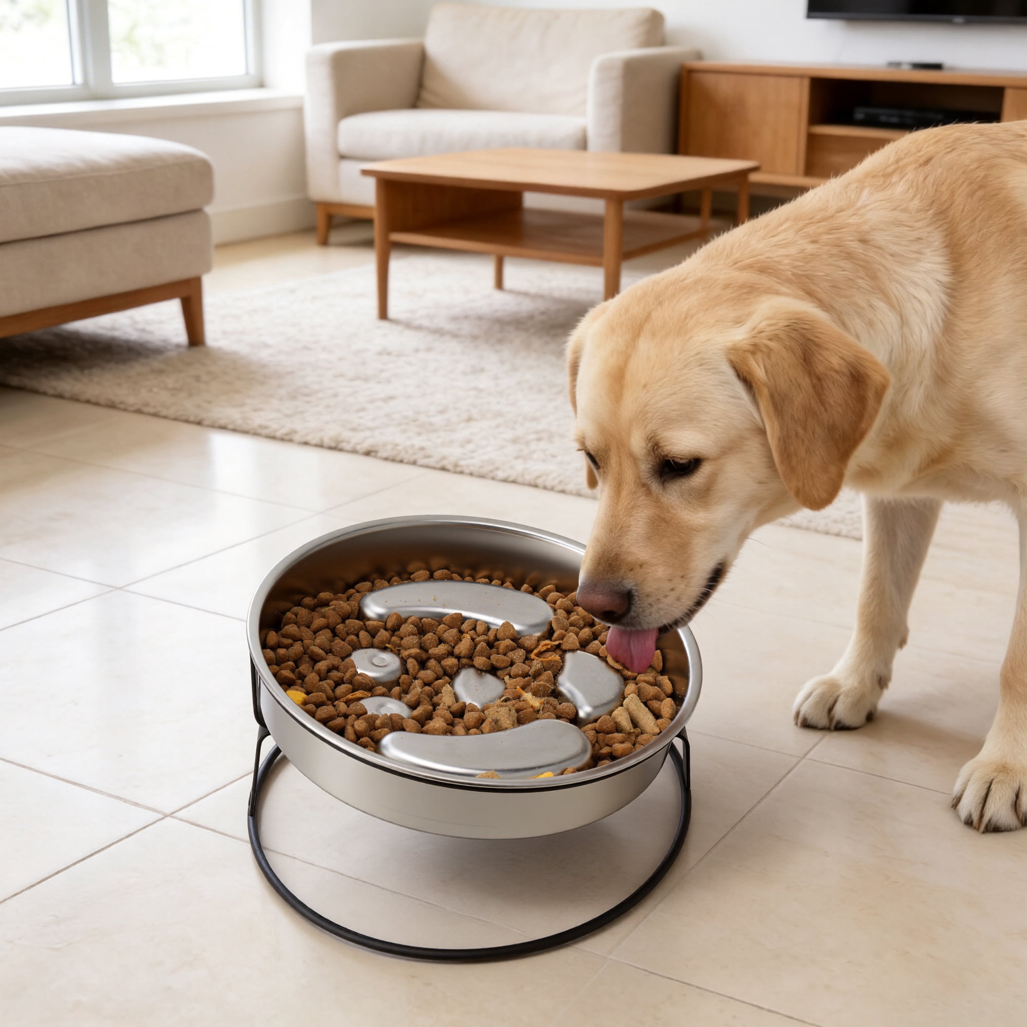 Unique Bargains Elevated Dog Bowl Stand Stainless Steel Slow Feeder Dog Bowl with Non-Slip Base Slow Down Eating for Dogs Silver Tone 1 Set [Dog Face Pattern]