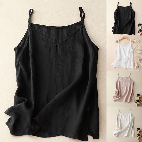 YUEHUA Women's Linen Spaghetti Strap Camisole, V-Neck Lightweight Tank Top, Loose Fit Breathable Cami for Layering & Summer