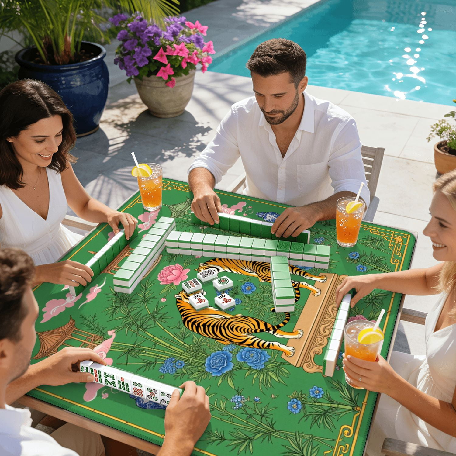 Mahjong Mat 31.5" x 31.5" Traditional Chinese Tigers Bamboo Floral Elements Green Non-Slip Noise Reduction American Mahjong Tiles Table Cover for Dominoes Poker Card Board Games Gift