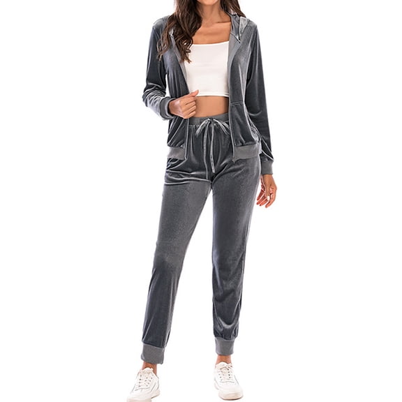 UJNDER Women's Casual Fashion Solid Hooded Warm Suit for Long Sleeve Pocket Shirt and Elastic Pant Set Grey M