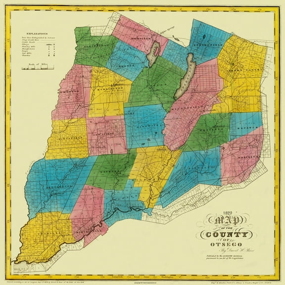 Historic County Map - Otsego County New York - Burr 1829 - Vintage Wall Art