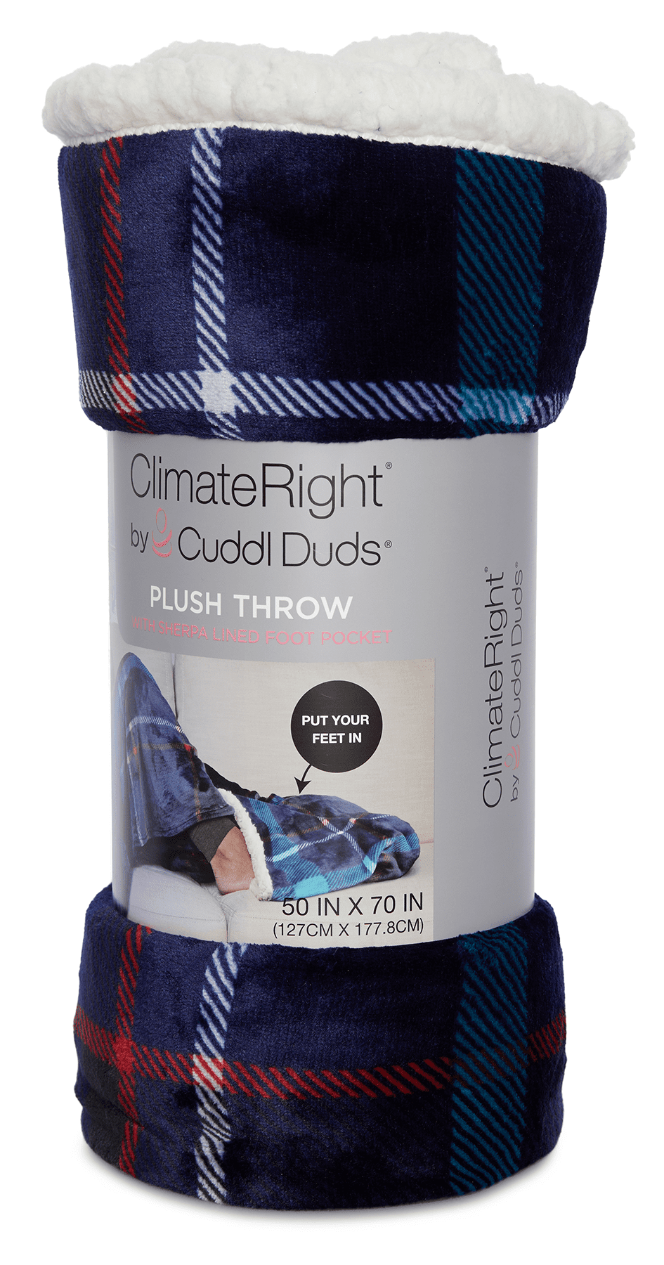ClimateRight by Cuddl Duds Foot Pocket Plush Throw, Navy Plaid, 50" x 70"