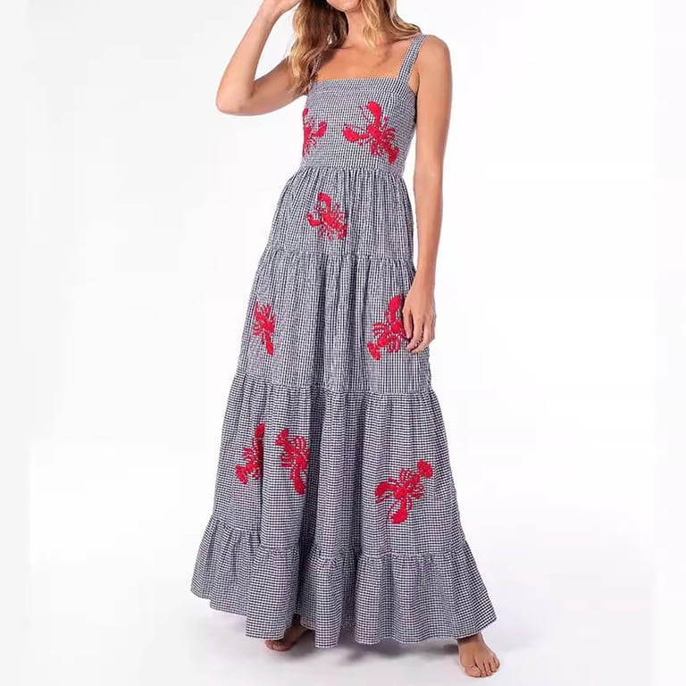 lobster embroidered dress Red Gingham Lobster Midi Dress | Avara