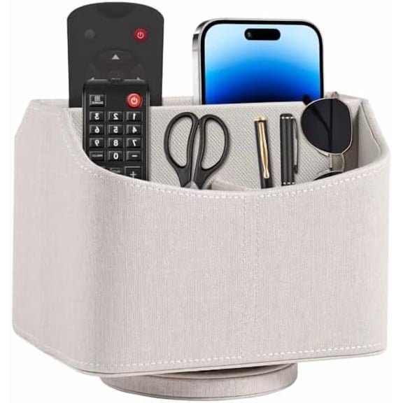 Leather Remote Control Holder 360 Degree Spinning,Desk Rotating Organizer/Caddy for TV Remote Controllers,Pen,Calculator Media Player,DVD,Office Supplies,Mobile Phone Storage Box (Beige)