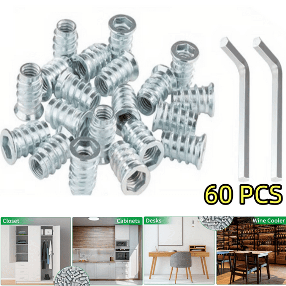 60-Pc M8 x 20mm Threaded Insert Kit - Carbon Steel for Furniture & Wood Repair